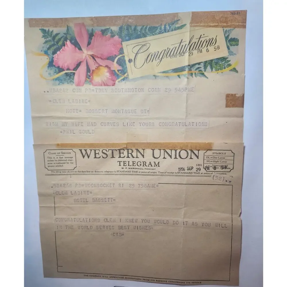 Vintage Clem Labine Memorabilia / Telegrams & Cards. Autograph. Mlb